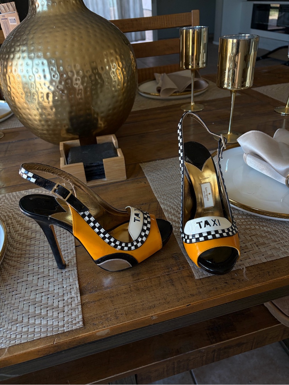 kate spade Yellow and Black 'Taxi' Peep-Toe Slingback Heels